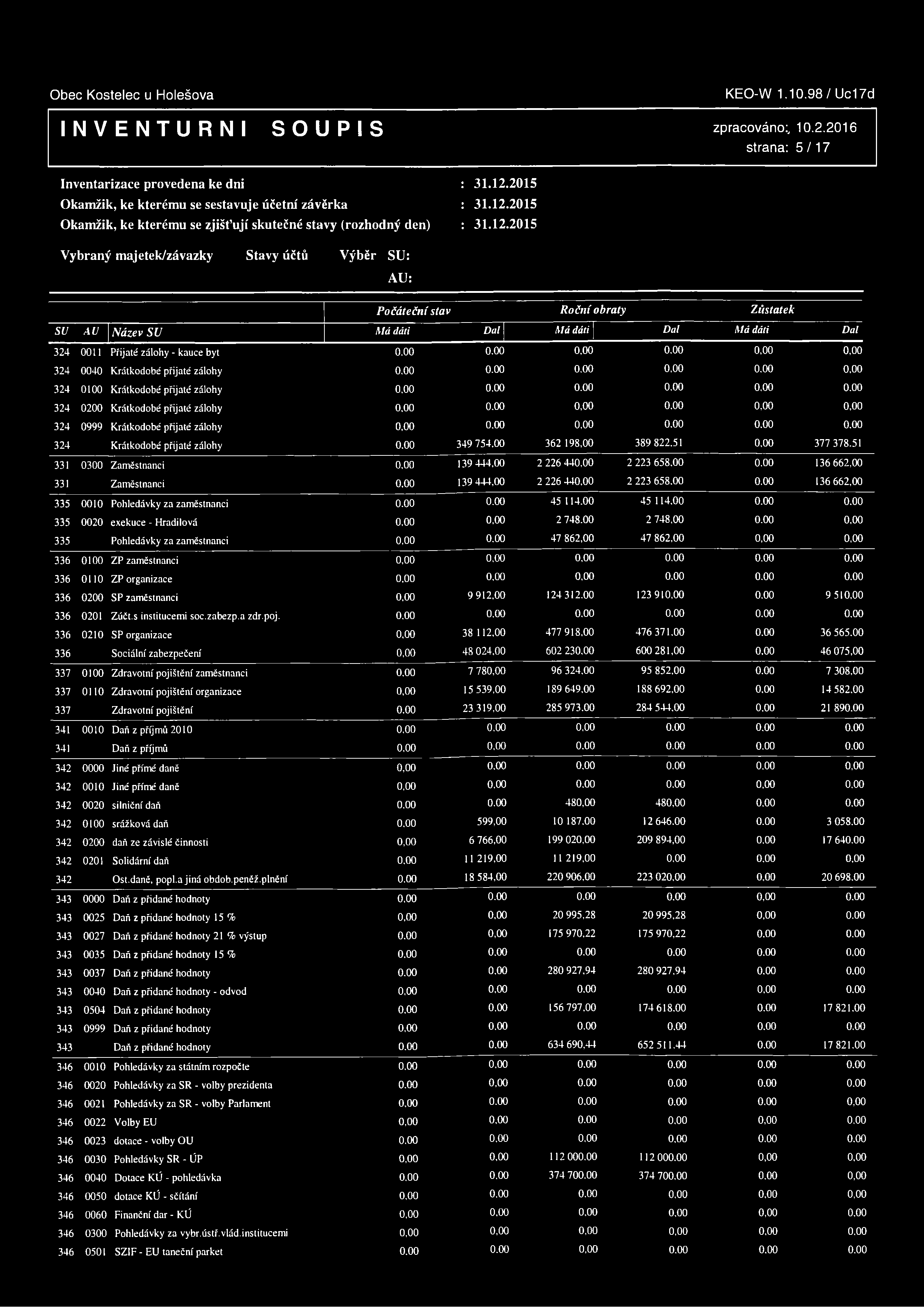 Krátkodobé přijaté zálohy 324 0999 Krátkodobé přijaté zálohy 324 Krátkodobé přijaté zálohy Má dáli 331 0300 Zaměstnanci 331 Zaměstnanci 335 0010 Pohledávky za zaměstnanci 335 0020 exekuce - Hradilová