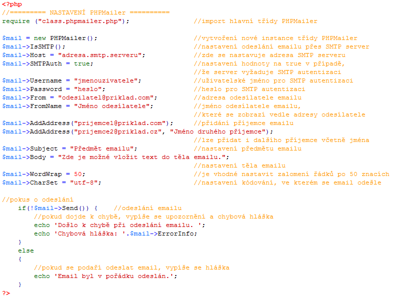 4.7.2 Programová ukázka odesílání emailu Zde je náhled principu odesílání emailu ve zdrojovém kódu.