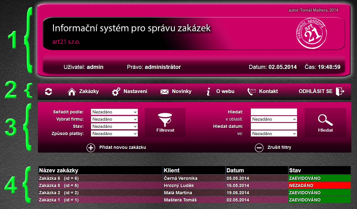 4.8.2 Rozvržení hlavní stránky Po úspěšném přihlášení do systému se zobrazí hlavní stránka, kterou lze rozdělit do 4 hlavních oddílů.