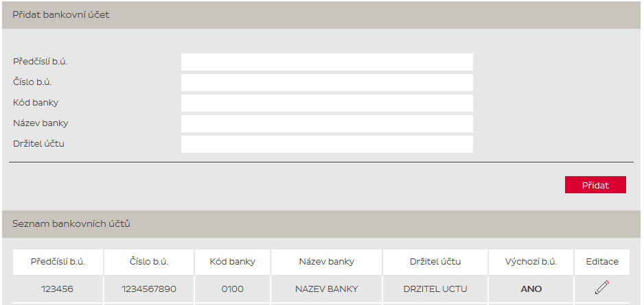 3.3 Bankovní účty Pokud má uživatel aktivované dobírky, zobrazuje se možnost evidovat bankovní účty. Alespoň jeden zadaný účet je nezbytnou podmínkou pro možnost zadávat dobírkové balíky.