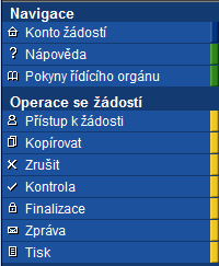 Obrázek 9: Uživatelský panel Tabulka 2: Uživatelský panel - vysvětlení Navigace Operace se žádostí Konto Tlačítko slouží pro rychlý návrat do seznamu žádostí uživatele.