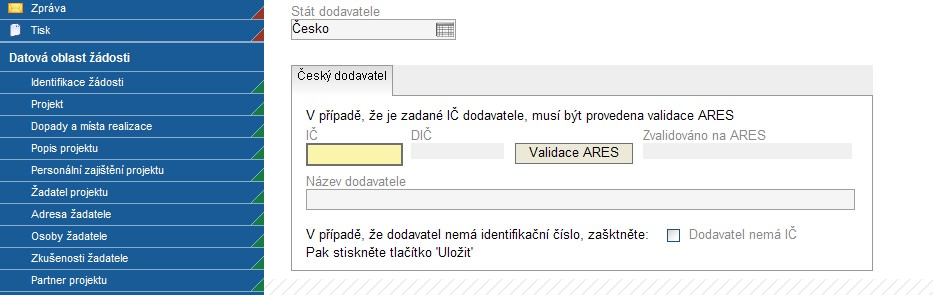 Obrázek 38: Dodavatel Česko Pokud je ovšem v okně Stát dodavatele vybrána některá zahraniční země, objeví