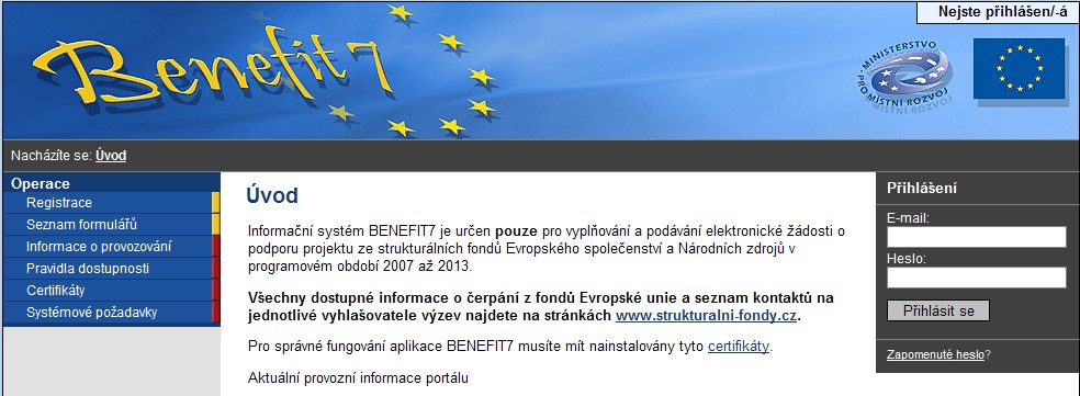 3 Úvodní nabídka aplikace BENEFIT7 Obrázek 1: Úvodní stránka BENEFIT7 před přihlášením Po spuštění aplikace pomocí některé z výše uvedených adres se otevře Úvodní stránka BENEFIT7, která slouží