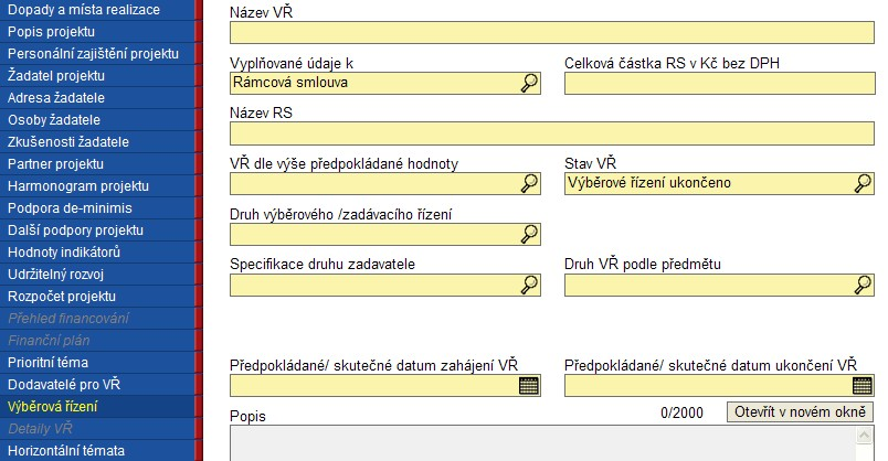 Popis polí, které v případě Minitendru přibyly: Celková částka RS v Kč bez DPH zde je nutné vyplnit částku Rámcové smlouvy, pod kterou daný minitendr spadá.