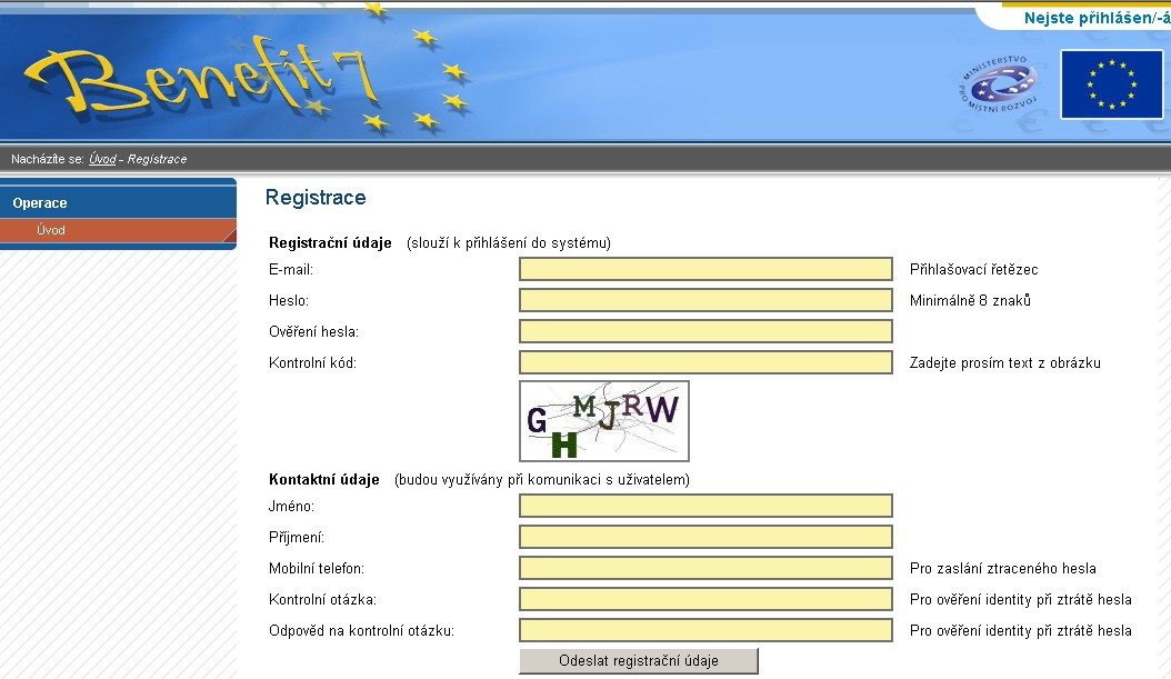 3.1 Registrace a přihlášení uživatele Obrázek 2: Registrace uživatele Prvním krokem k vytvoření žádosti o podporu v aplikaci BENEFIT7 je úspěšná registrace uživatele.