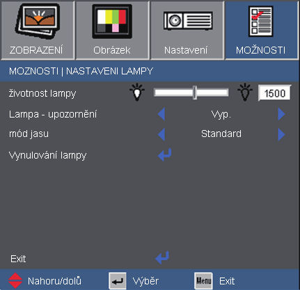 Ovládání MOŽNOSTI Nastavení lampy Životnost lampy Zobrazí počet hodin běhu lampy.