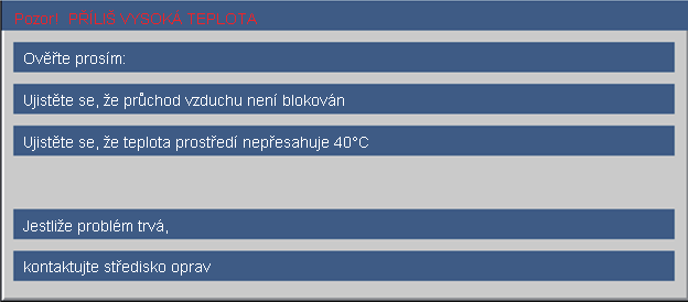 Dodatky Zprávy na obrazovce Upozornění na teplotu: Nefunguje větrák: Upozornění na stav lampy: Mimo dosah zobrazení: