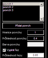 Zobrazení bez vyhlazení vpravo. Pod parametry vyjadřujícími rozsah vybrané oblasti je seznam povrchů, které budou použity.