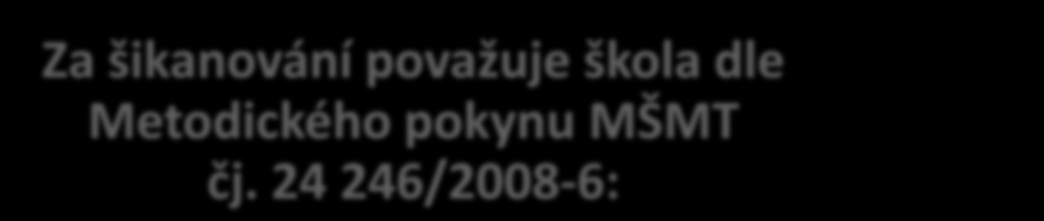 Opakované slovní útoky (nadávky, pomluvy, ponižování) Sexuální obtěžování až zneužívání Útoky prostřednictvím elektronické komunikace