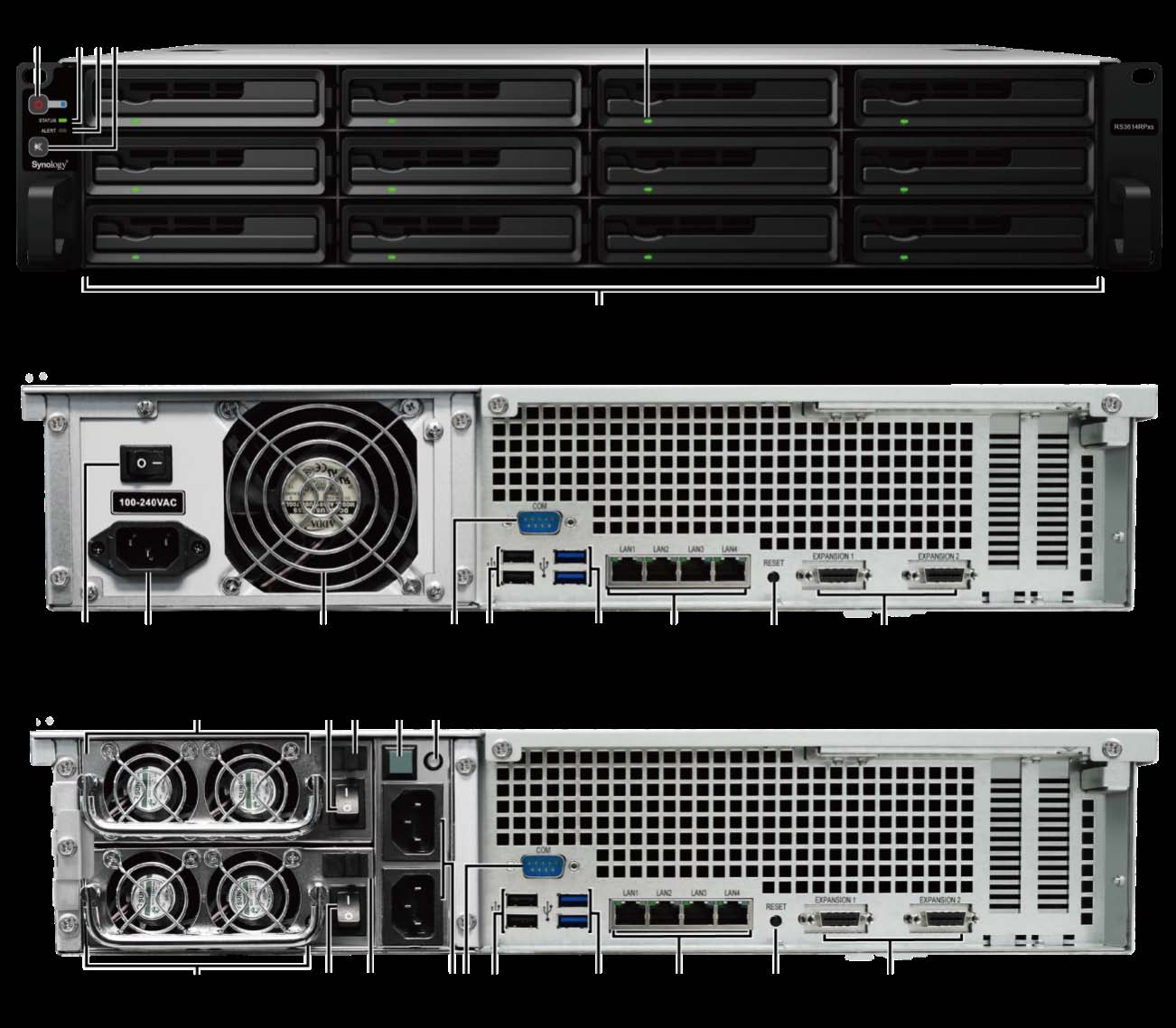 Stručné informace o zařízení Synology RackStation Číslo Název položky Umístění Popis 1) Tlačítko napájení 1. Stisknutím zapnete zařízení RackStation. 2.