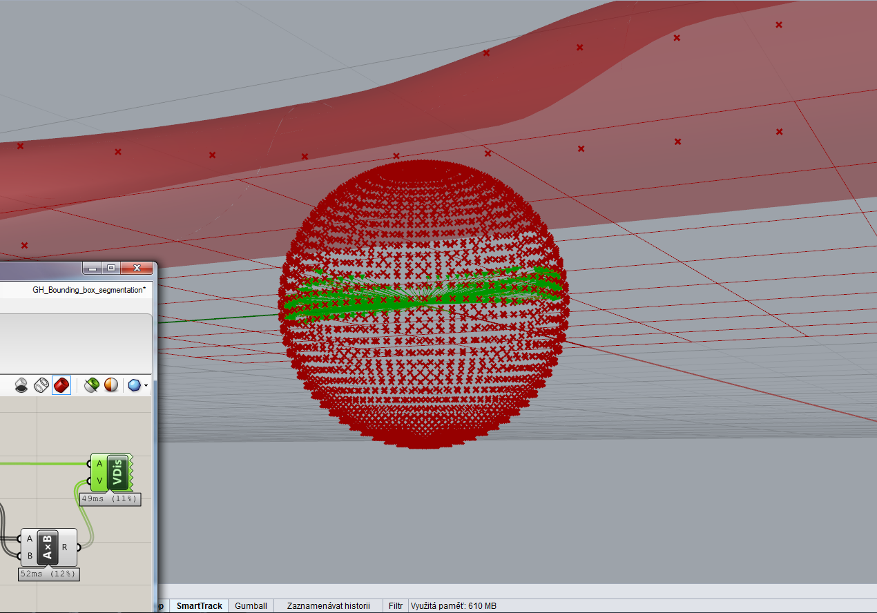 METODICKÝ PŘÍSTUP K ŘEŠENÍ Tabulka 9 Výpočet průsečíku paprsku s polygonální sítí Metoda Čas [ms] MeshRay komponent modulu Grasshopper 50 Rhino.Geometry.Intersect.Intersection.MeshRay 250 ghpythonlib.