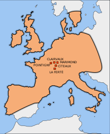 mapka znázorňující prvních pět mateřských klášterů ve Francii, z nichž probíhaly filiace zakládání nových