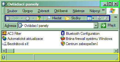 Okno a jeho části Panel nabídek Panel nástrojů Stavový řádek