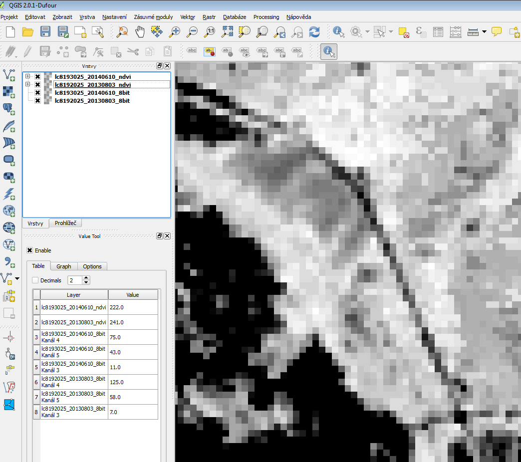 Obr. 21 Rastry NDVI (ÚHÚL, 2014) Tab. 5 Srovnání hodnot NDVI (Introvičová, S., 2014) Snímek Landsat-8 NDVI ze dne 03. 08. 2013 241.0 ze dne 10. 06. 2014 222.0 Na Obr.