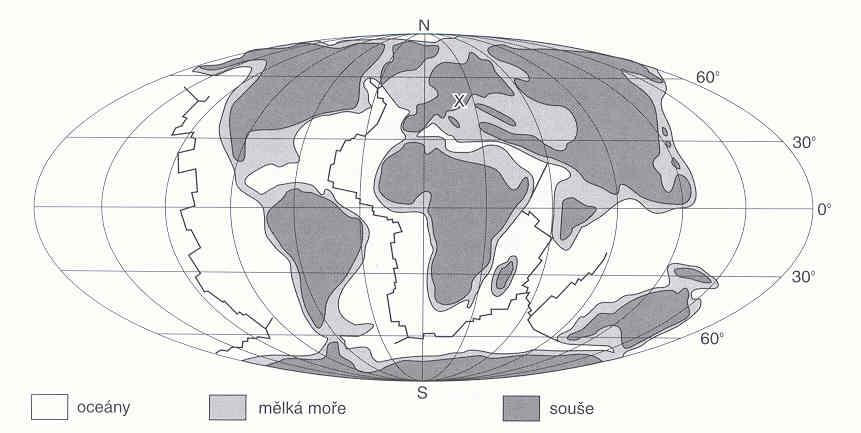 Obr. 5: Pozice kontinentů v období karbonu. Pramen: Chlupáč, I. a kol.(2002): Geologická minulost České republiky. Academia, Praha, 436 s. Obr. 6: Pozice kontinentů v období eocénu.