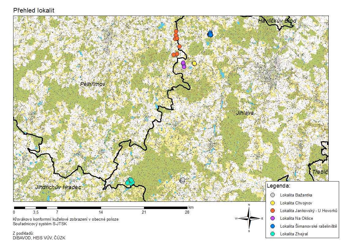 Obrázek 1: Přehledná mapa polohy zájmových lokalit Nadmořská výška se pohybuje okolo 680 m n. m. Pro klimatologickou charakteristiku byly v předmětném období využity údaje blízkých měřicích stanic ČHMÚ.