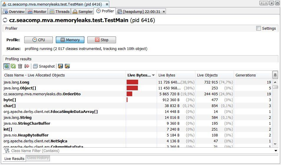 Obrázek 7. Profilování paměti ve VisualVM. Velice šikovná funkce je možnost filtrovat jak profilování procesoru, tak paměti podle Java balíků.