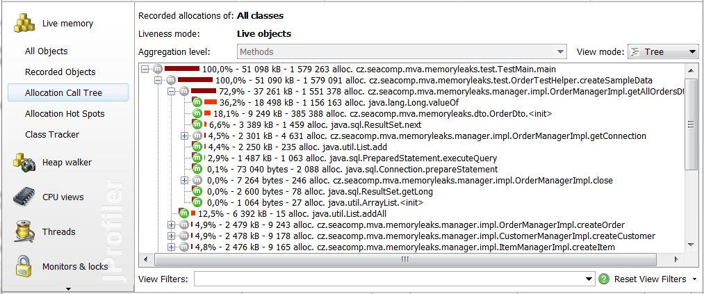 Po vybrání aplikace, kterou chceme monitorovat, zobrazí JProfiler ještě přehledné nastavení profilování, kde se zobrazuje, jakou režii vybrané nastavení způsobí.