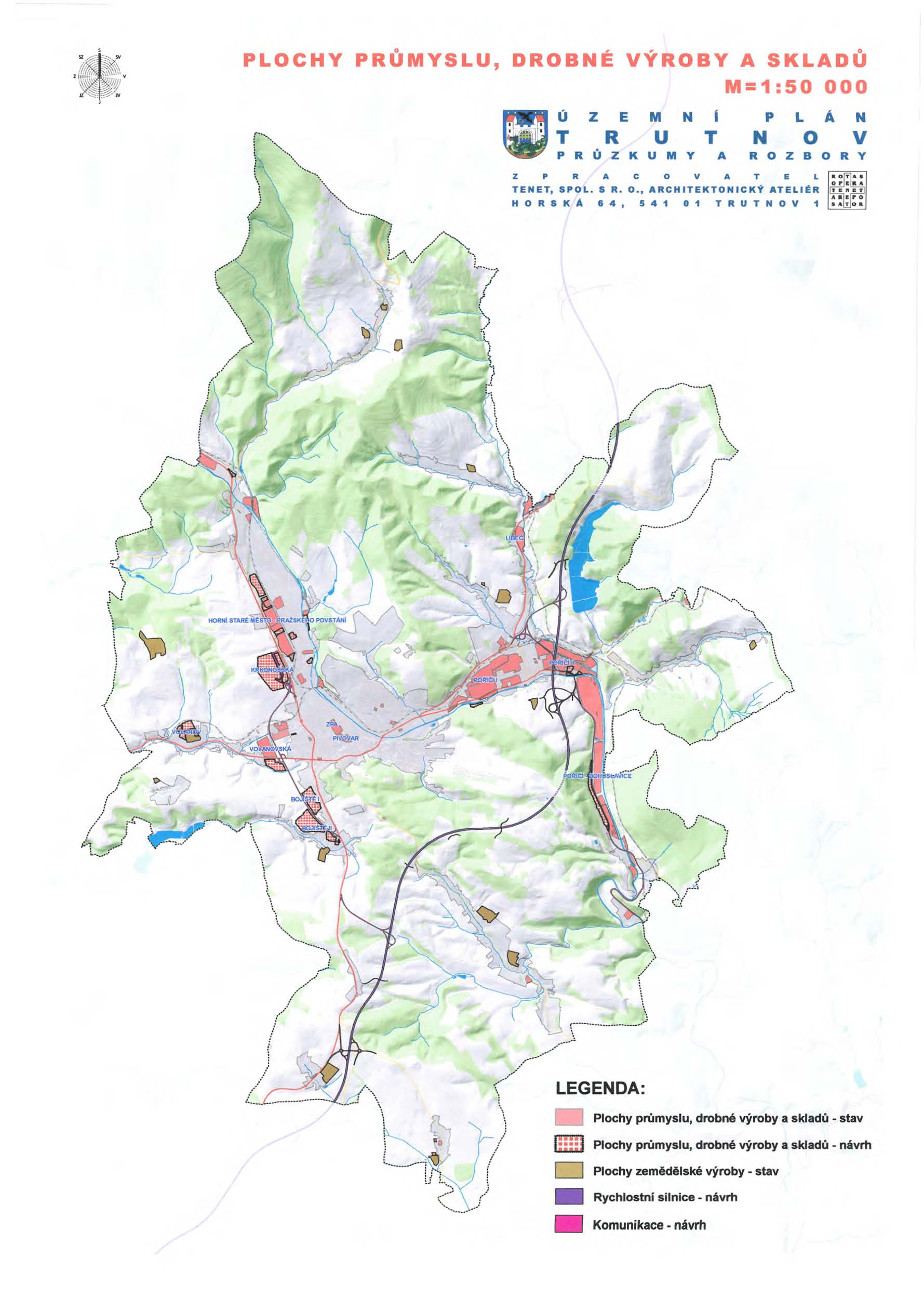 PLOCHY PRUMYSLU, DROBNE VYROBY A SKLADU M=1 :50 000 U Z T R E M N I U T PRUZKUMY A N p LAN V o ROZBORY ZPRACOVATEL TENET, SPOL. S R. 0., ARCHITEKTONICKt ATELIf:R HORIKA 64, 541 01 TRUTNOV 1.OT.... OP ".