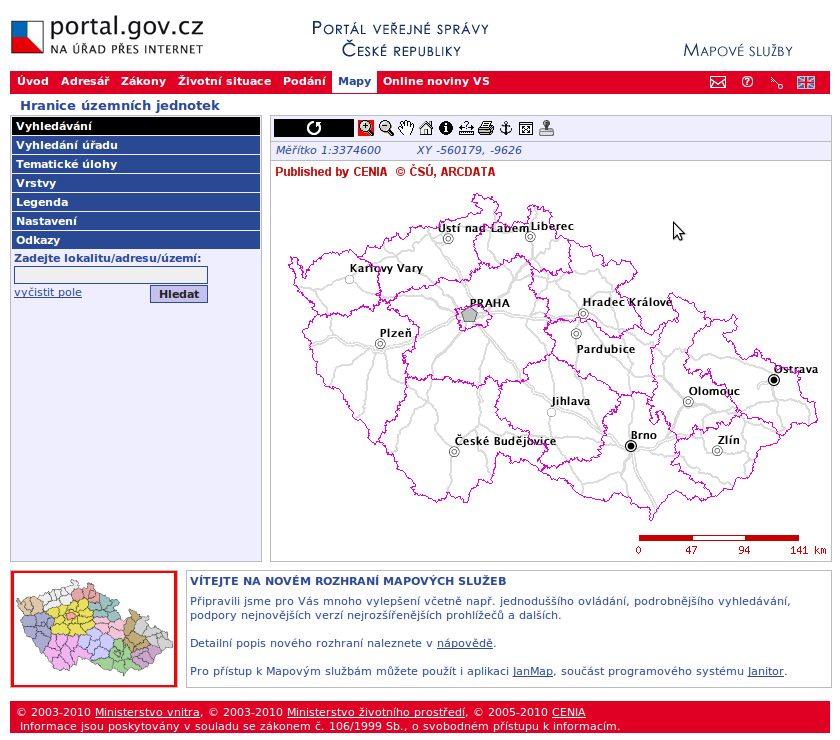 Popis rozhraní 2 1 3 4 Rozhraní mapového serveru geoportálu CENIA (obdobně jako jiné portály) obsahuje 4 základní oblasti. 1. oblast je základní mapové pole.