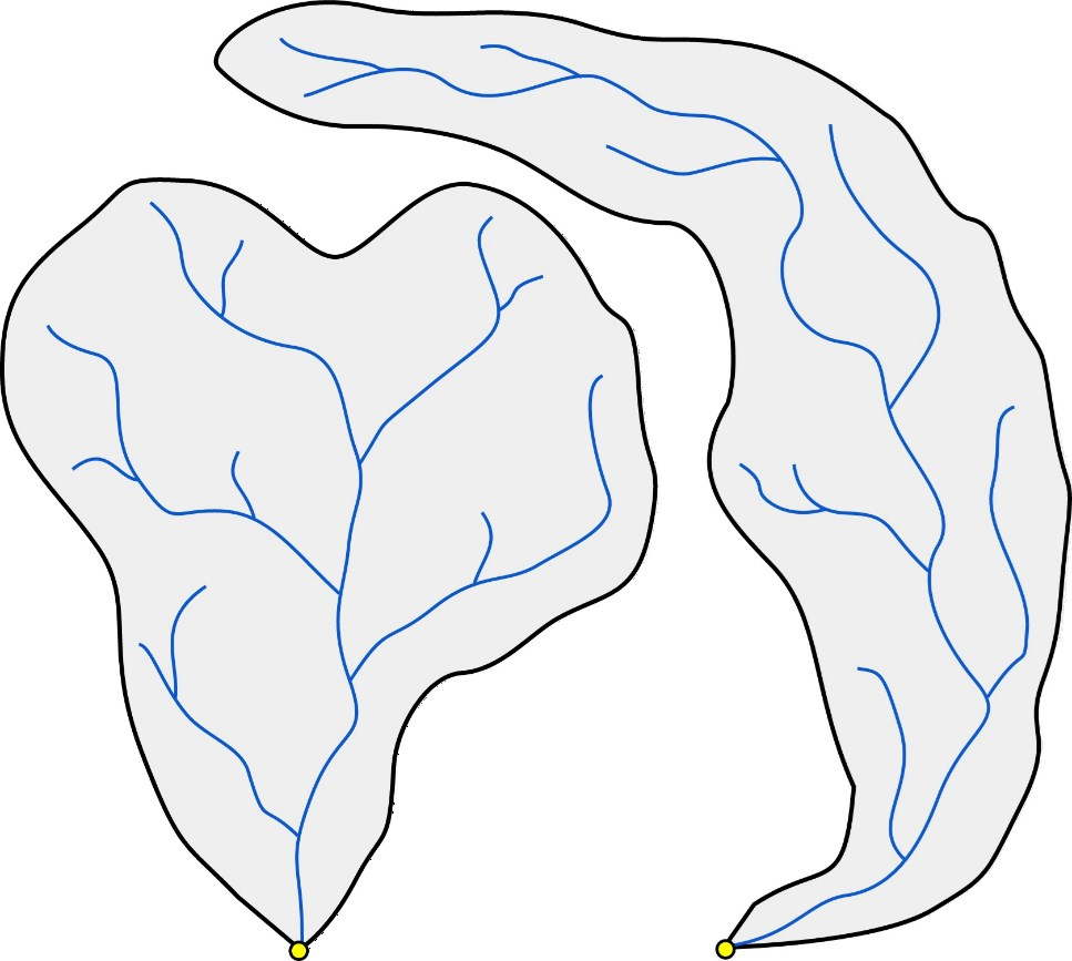 Předpokládejme dvě povodí o stejné rozloze a dalšími charakteristikami. Povodí se liší pouze tvarem.