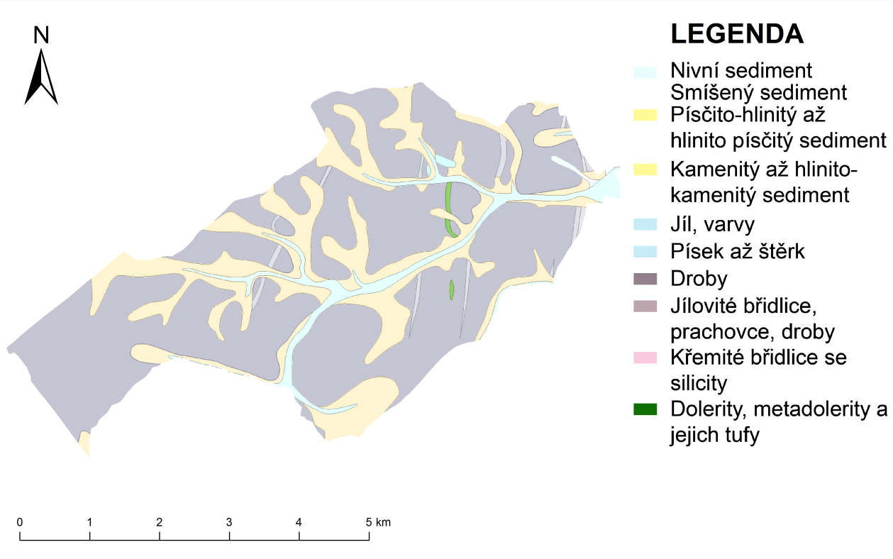 Povrch okolí obce je tvořen především drobou a kamenitými až hlinito-kamenitými sedimenty. Obr. 2.3 Geologická mapa 2.