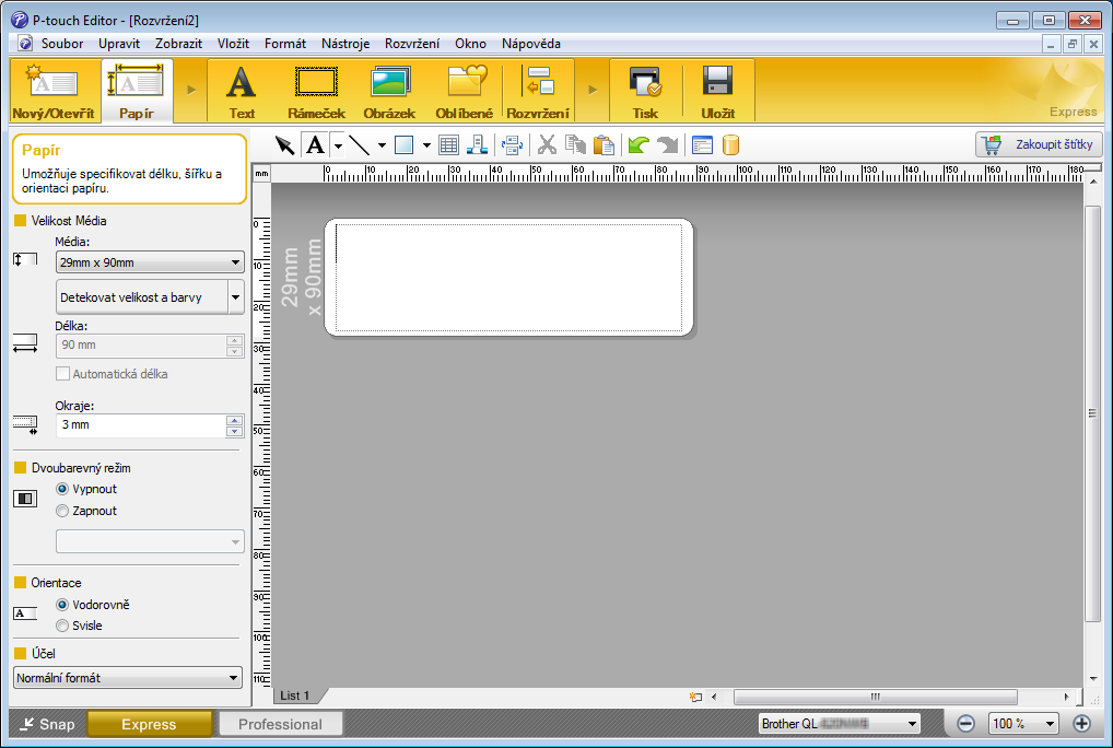 Jak používat program P-touch Editor Tisk pomocí programu P-touch Editor 6 Režim Express V tomto režimu lze rychle vytvářet rozvržení, která obsahují text a obrázky.