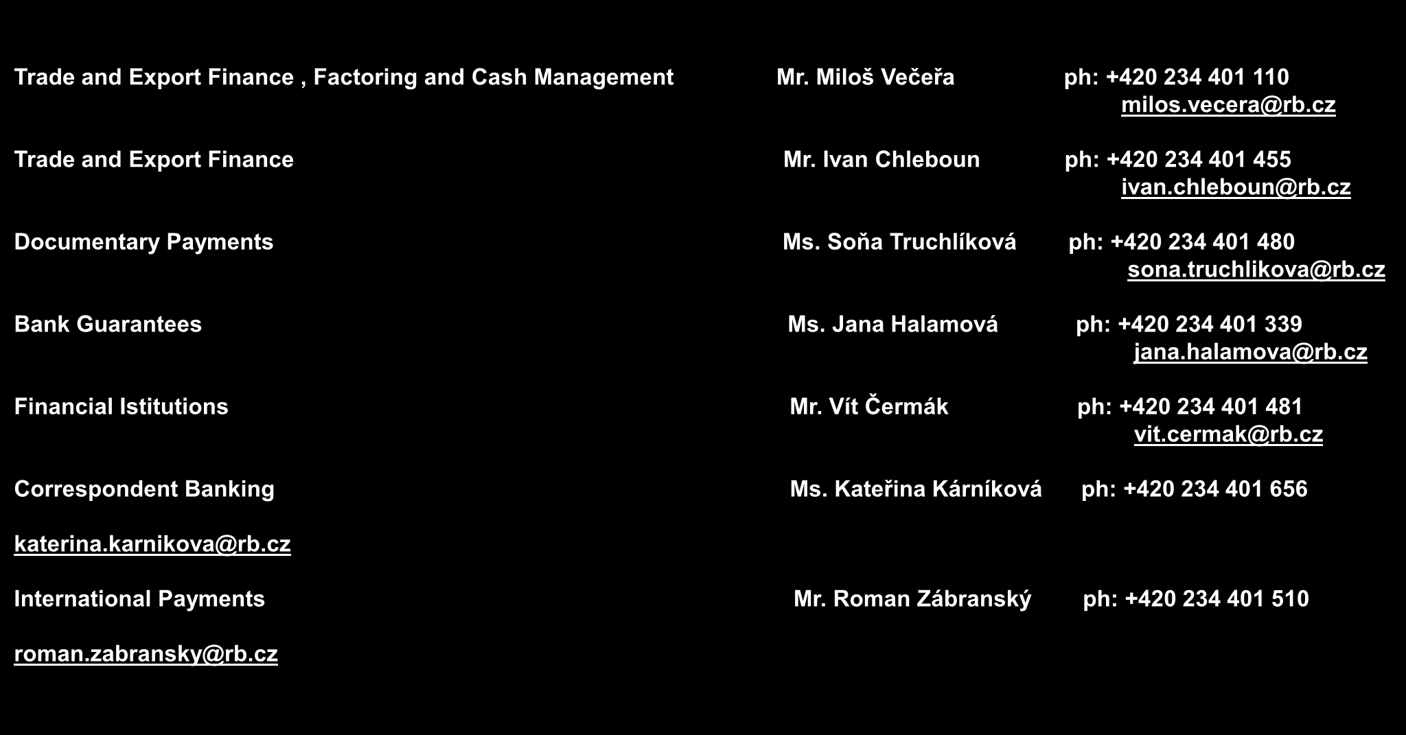 truchlikva@rb.cz Bank Guarantees Ms. Jana Halamvá ph: +420 234 401 339 jana.halamva@rb.cz Financial Istitutins Mr. Vít Čermák ph: +420 234 401 481 vit.