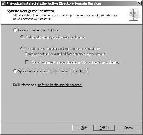 62 Kapitola 2 Instalace doménových struktur, stromů a podřízených domén Domain In A New Forest), viz obrázek 2.2, a poté klepněte na tlačítko Další (Next). 5.