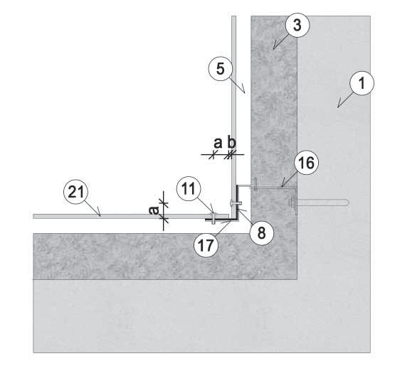 17 Montáž na hliníkový rošt pomocí nýtů Horizontální řez vnějším rohem 7 EPDM podkladní páska 30 mm 90 mm 11