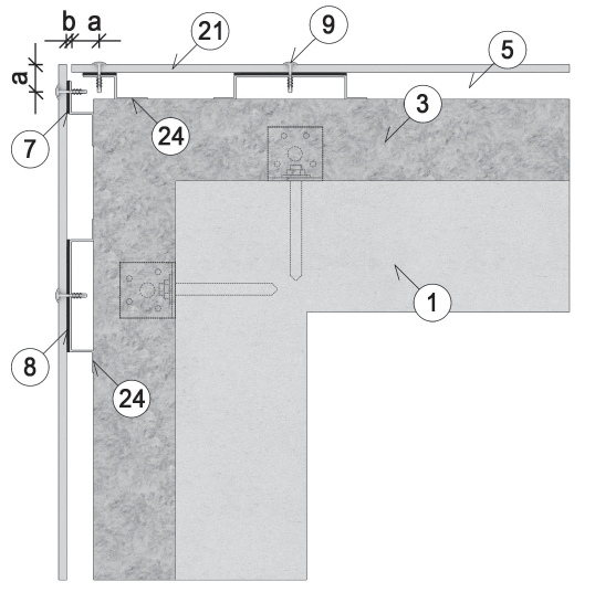 23 Montáž na ocelový rošt pomocí šroubů, nýtů Horizontální řez vnějším rohem 7 EPDM