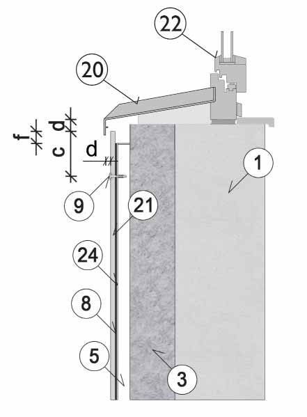 26 Montáž na ocelový rošt pomocí šroubů, nýtů Vertikální řez parapetem okna 9 Šroub Ø 4,8 29 mm 20 Parapet okna 22 Okno 24 Ocelový