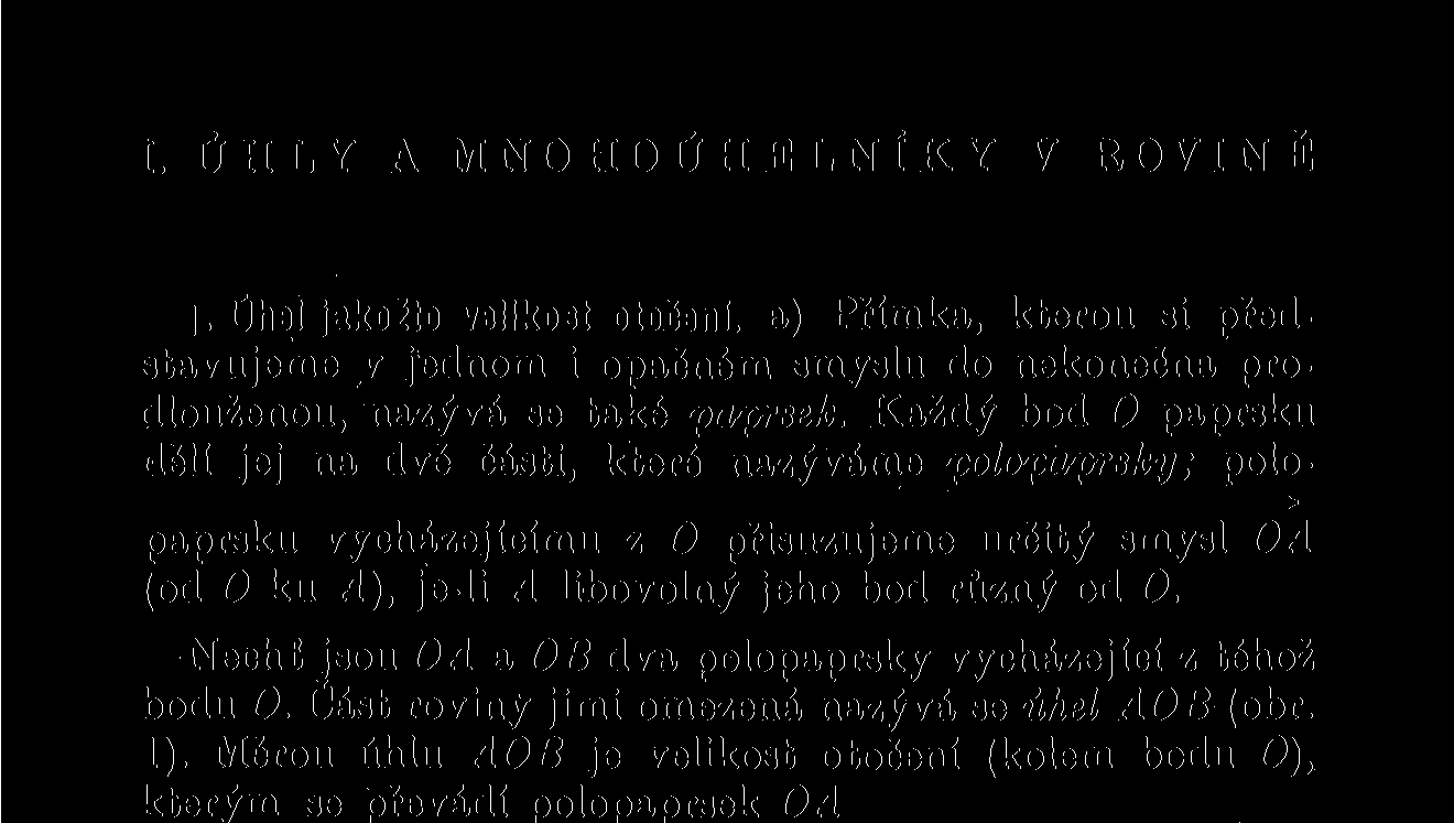 př. AOB, nýbrž jen příslušné velikosti otočení. Polo- " Qbr j paprsky OA a OB jsou ramena úhlu, bod O je jeho vrchol.