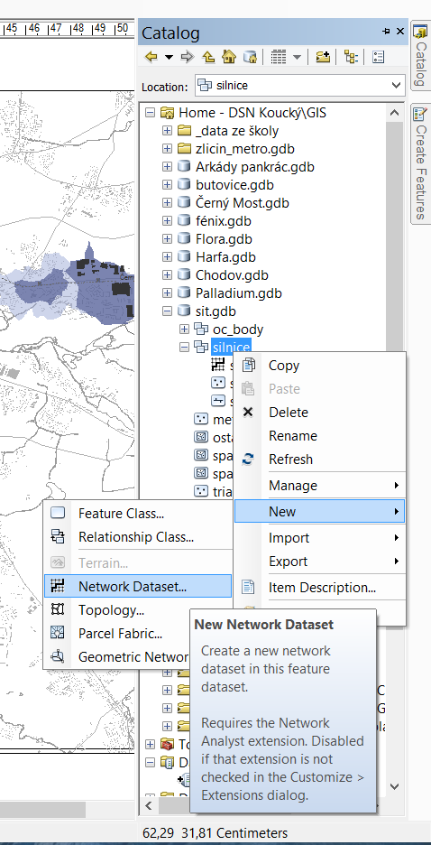 Network Dataset d) vytvořenou síť ohodnotím časem - ohodnocení jednotlivých úseků časem, za který úsek urazím