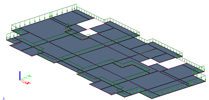 Obr. 4.1 Model zatížení od obvodových a mezibytových stěn 4.3.5 Schodiště (ZS4) Deskové schodiště není součástí modelu konstrukce.