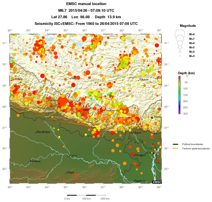 Nepál, M7.8, 25.4. 2015 1905 M7.5 Kangr 1934 M8.0 Bihar 2005 M7.6 Kashmir 15th August 1950 M8.