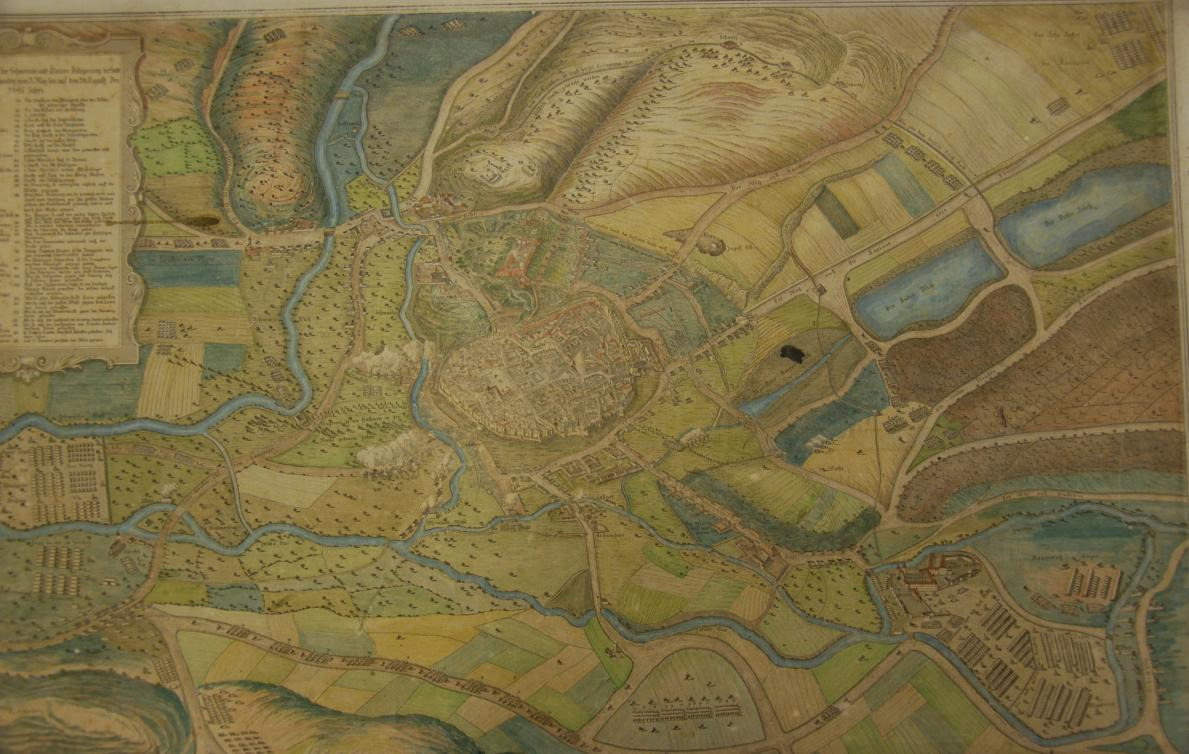 Obr. 9: Mapa z roku 1645 s označenou cestou ze Zábrdovic do Králova Pole (dříve Karthaus).