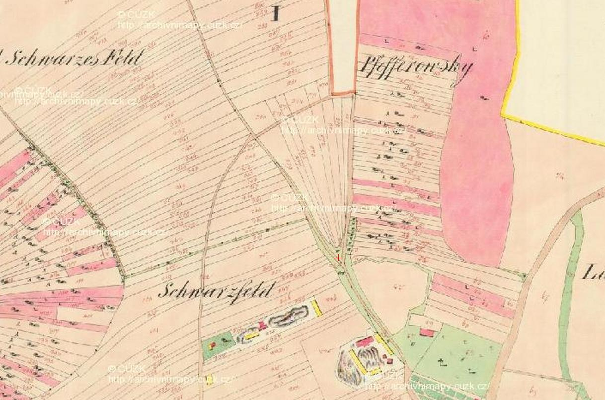 363 Obr. 12: Prostor jižně od rozdvojení cest do Králova Pole a Husovic s vyznačenými cihelnami na mapě císařského opisu Stabilního katastru (1826). 364 363 I.
