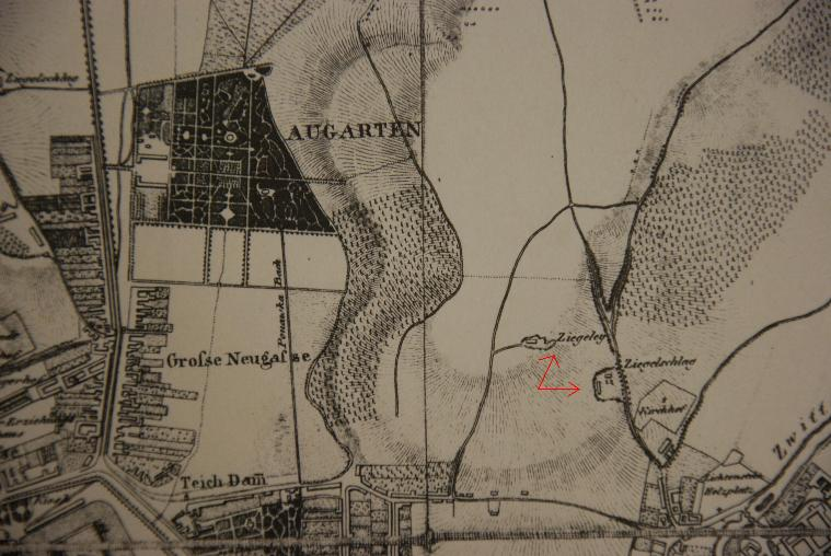 14: Výřez mapy z roku 1815, šipky označují cihelny.