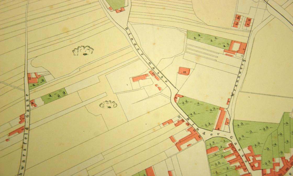 a Bednářské (Bindergasse) na mapě z roku 1885.