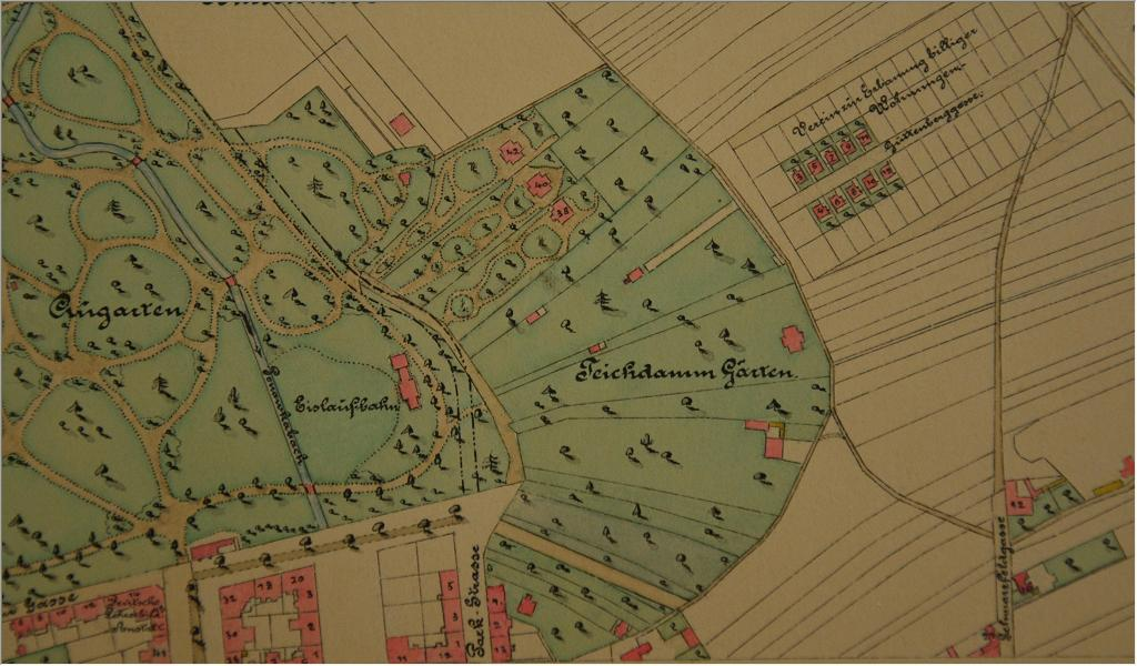 Lužánkami, dříve Teichdamm Gärten, a bývalým hřbitovem na mapě z roku 1893.