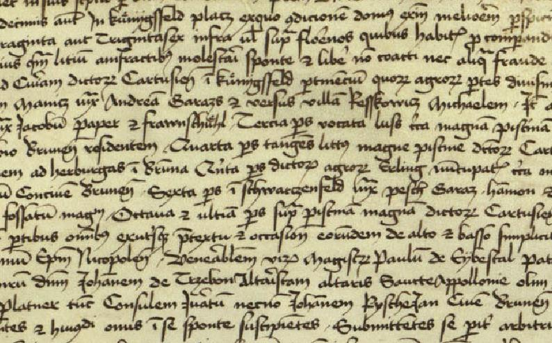 Obr. 7: Výřez z notářského instrumentu z roku 1466. Červeně je označeno slovo "Schwarczenfeld" - pravděpodobně nejstarší zaznamenané použití tohoto názvu. 359 Obr.