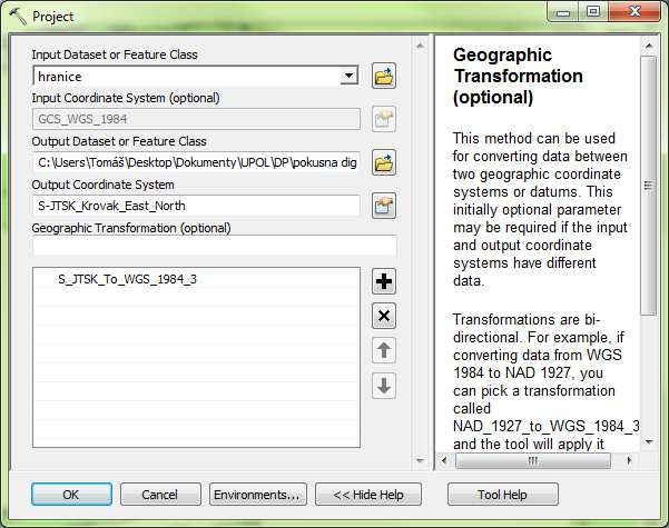 Metodika tvorby grafické části právního stavu územního plánu v GIS Obr. 19 nástroj Project, který transformuje data mezi souřadnicovými systémy. V okně nástroje Project (Obr.