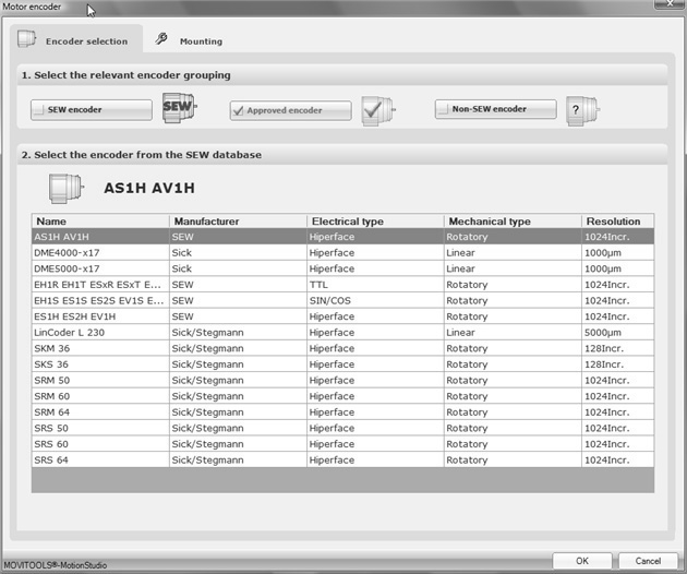 Uvedení do provozu Uvedení systému MOVIAXIS do provozu jednomotorový provoz I 0 5 V podmenu [Encoder selection] je možné vybírat snímače ze třech kategorií: Snímače SEW (SEW encoder) Schválené