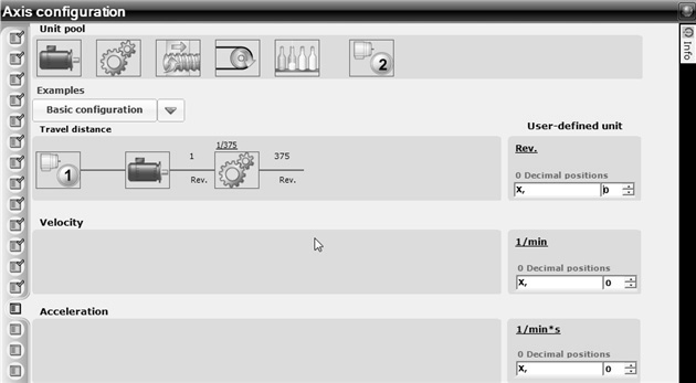 Uvedení do provozu Příklady aplikací I 0 5 V menu [Axis configuration] není u rotačních snímačů k dispozici žádná možnost změření nebo zadání převodového poměru mezi otáčkami snímače a motoru.