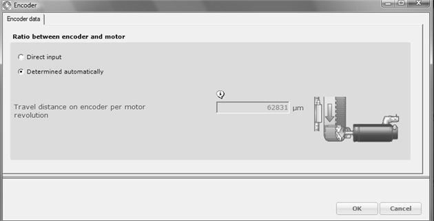 2557633803 Kliknutím na symbol "Encoder 2 AL1H" lze zaznamenat dráhu pojezdu na snímači na jednu otáčku motoru ("Travel distance on encoder per motor revolution").