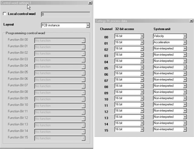 Uvedení do provozu Editor PDO I 0 5 Parametrizace řídicího slova a procesních dat IN Jedním kliknutím na jedno z řídicích slov, v tomto příkladu řídicí slovo 1, se otevře parametrizační plocha a