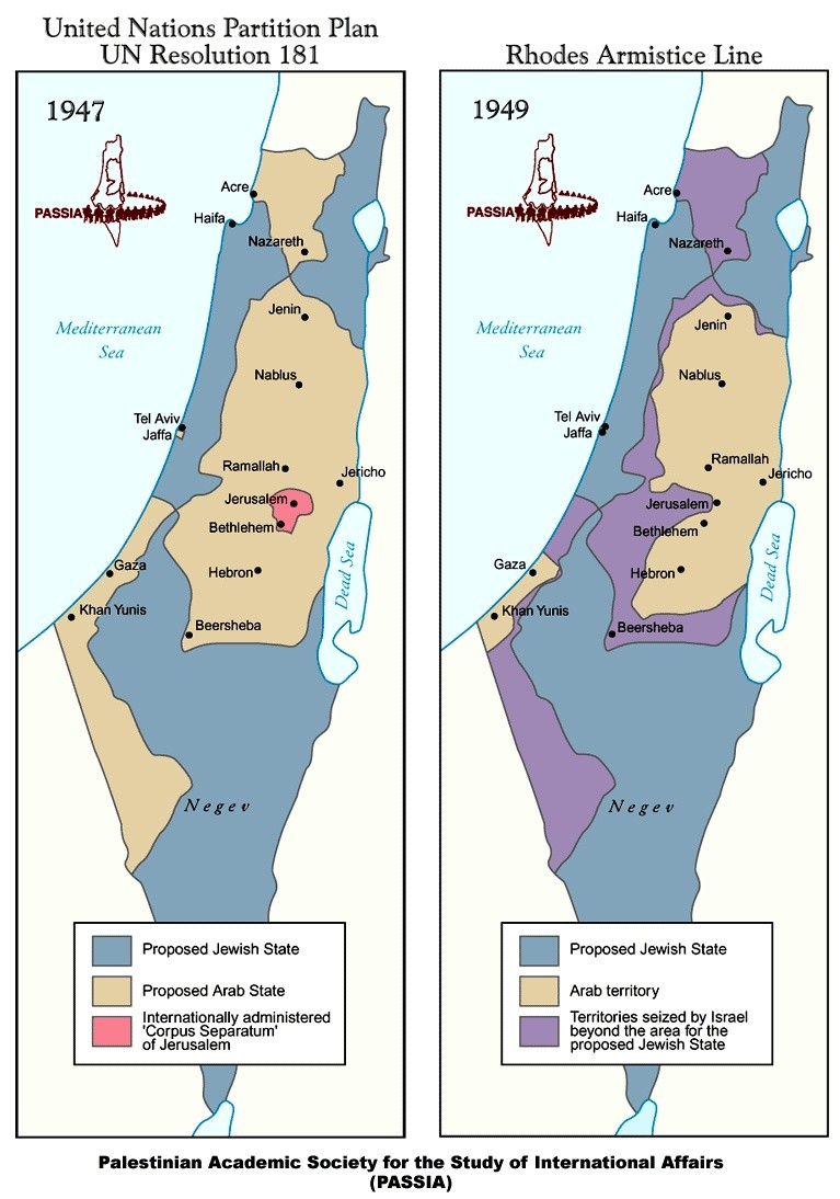 Mapa 1: Plán OSN na rozdělení Palestiny z roku 1947 a Linie příměří z roku 1949 Zdroj: http://www.passia.org/palestine_facts/maps/1947-un-partition-plan-reso.html 2.3.