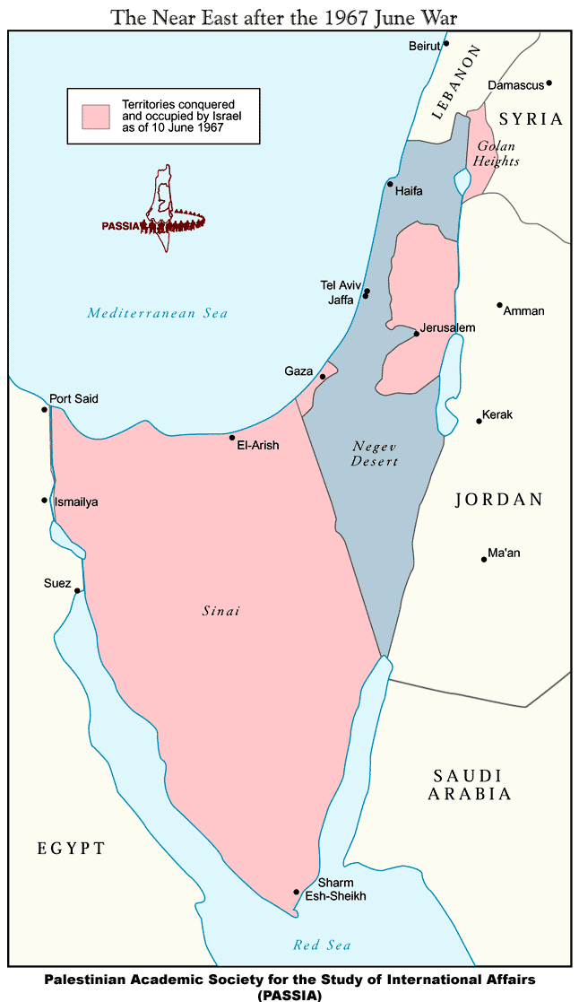 Mapa 2: Izrael po Šestidenní válce Zdroj: http://www.passia.org/palestine_facts/maps/1967-post-june-war-israel.