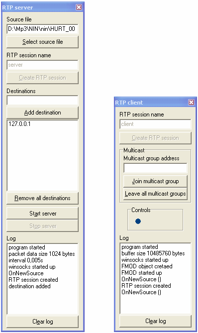 Obrázek 8.4: Náhled na aplikace RTP server a RTP client fáze spojení Vysílání dat zahájíme tlačítkem Start server.